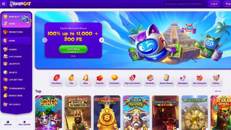Robocat Casino screenshot showing lobby and pokies selection